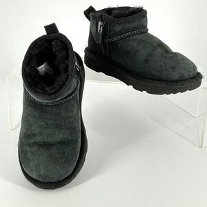 UGG Kids Size 11 Classic Ultra Mini Side Zip Black Suede Sheepskin Boots